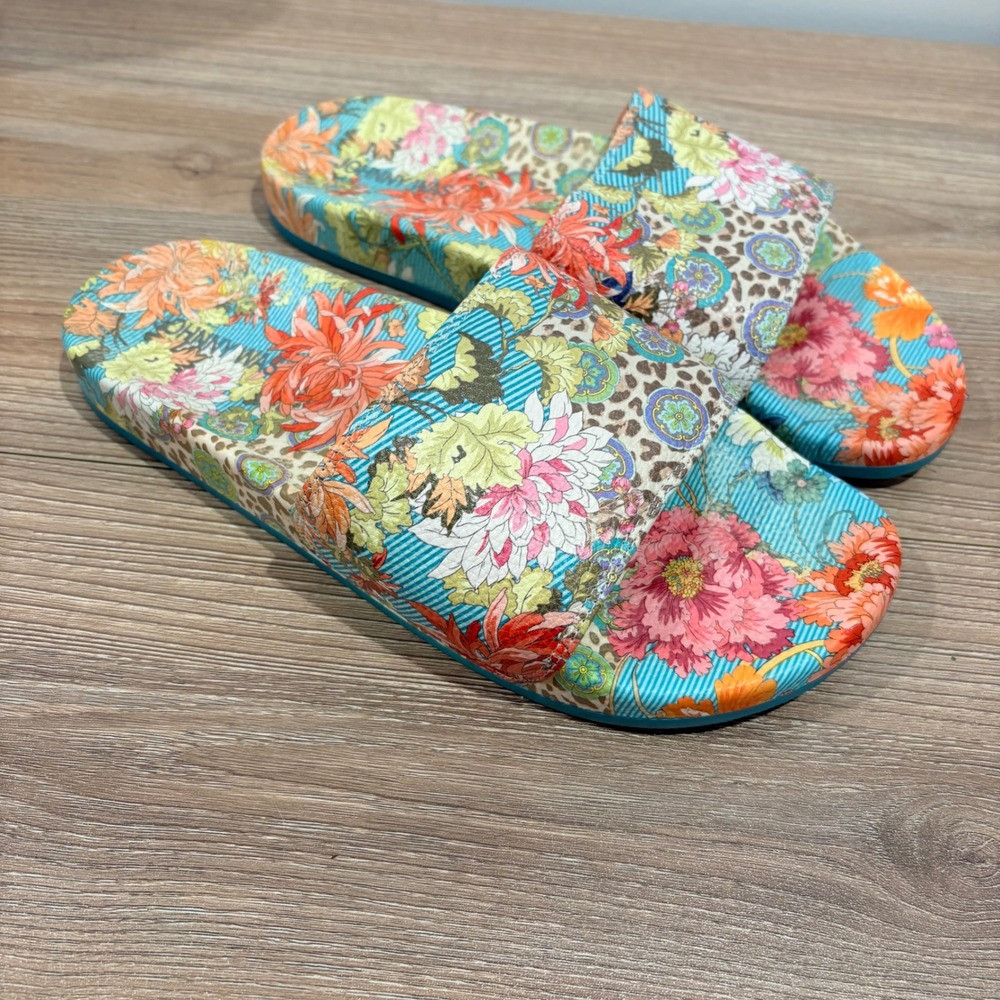 Johnny Was Floral Leopard Pool Slides Womens Multi Color Sz 9 Slip On Sandals